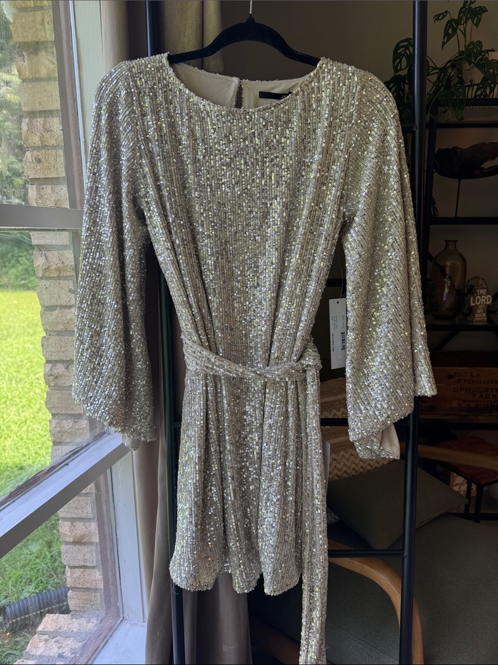 Silver Sequin Bell-Sleeve Mini Dress
